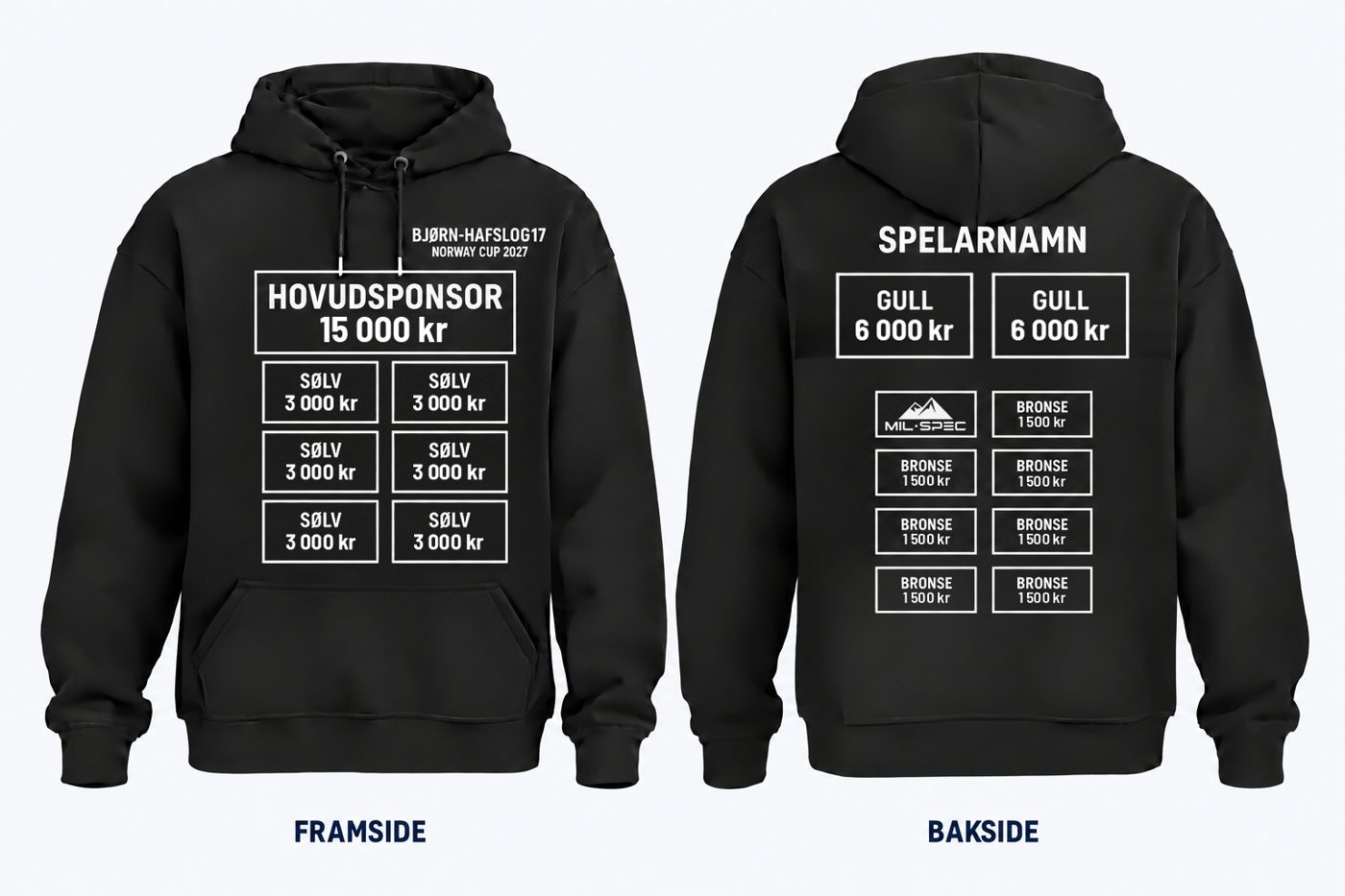 Svart hettegenser med stor plass til hovudsponsor og seks mindre sølvsponsorar på framsida, og to gullsponsorar og åtte bronsesponsorar på baksida under spelarnamnet